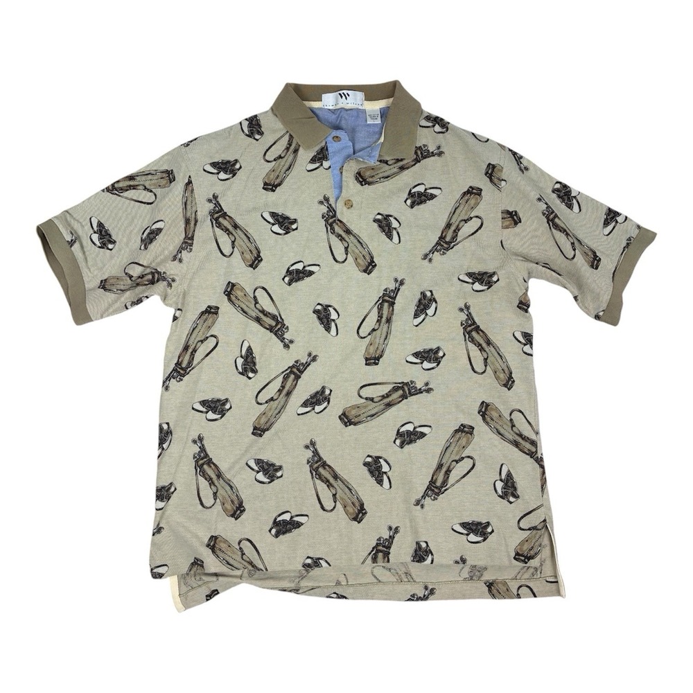 Men's Golf Polo Shirt Sz L Novelty All Over Print Dad Vintage 90s Cotton